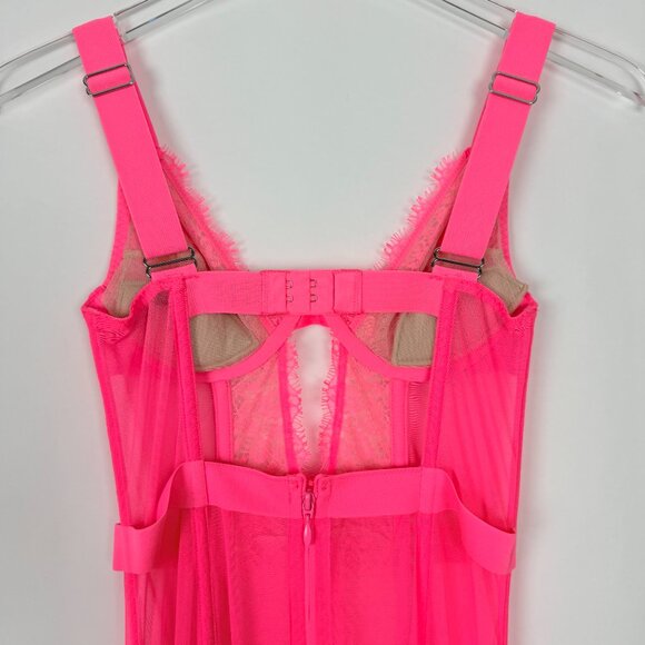 Victoria's Secret Garter Slip Women's Size 34B Neon Pink Lace Boned Corset Teddy - Picture 6 of 15